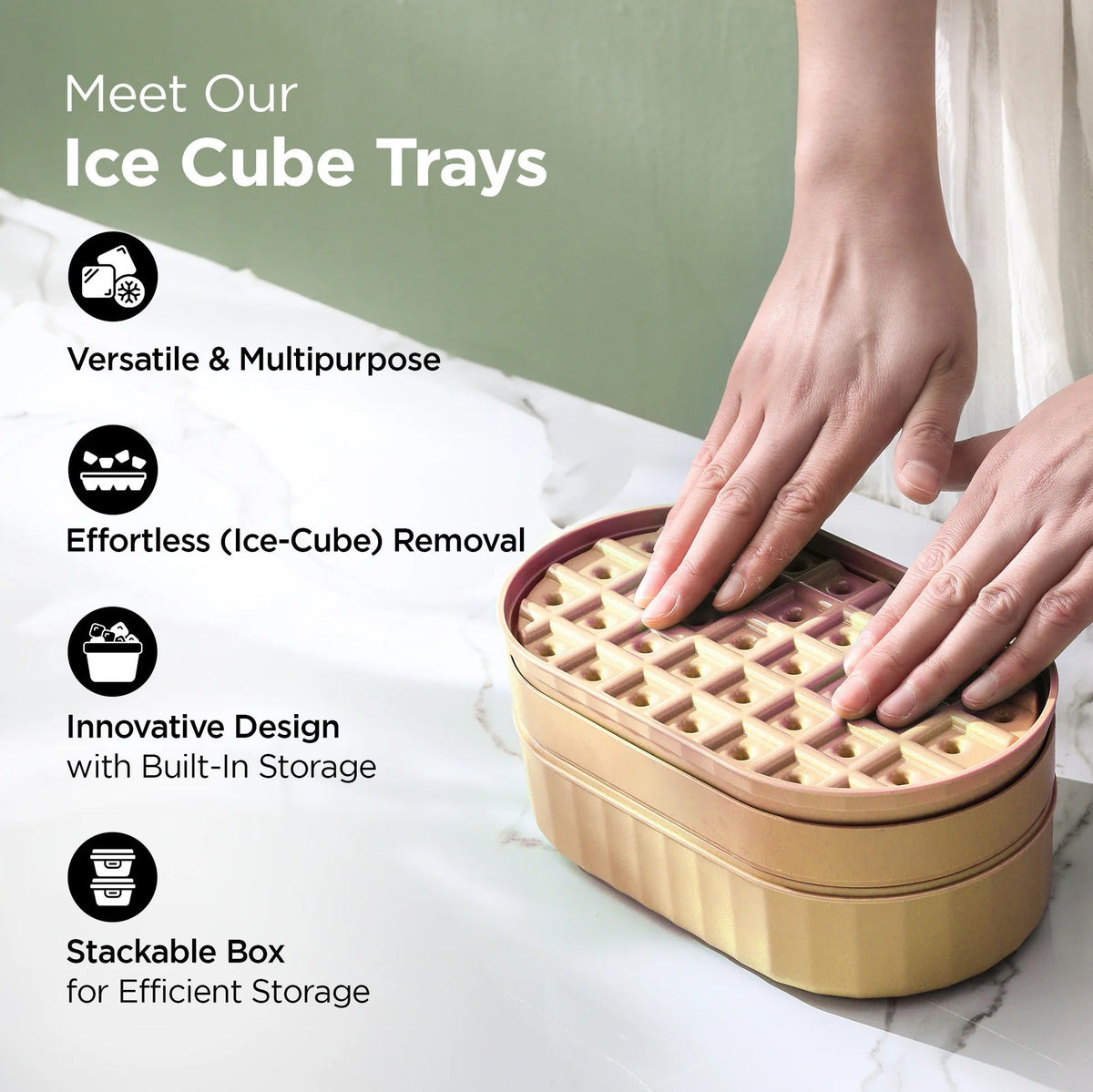 2 Layer Ice Cube Tray, 72 Compartments, Storage Box & Scoop, Yellow
