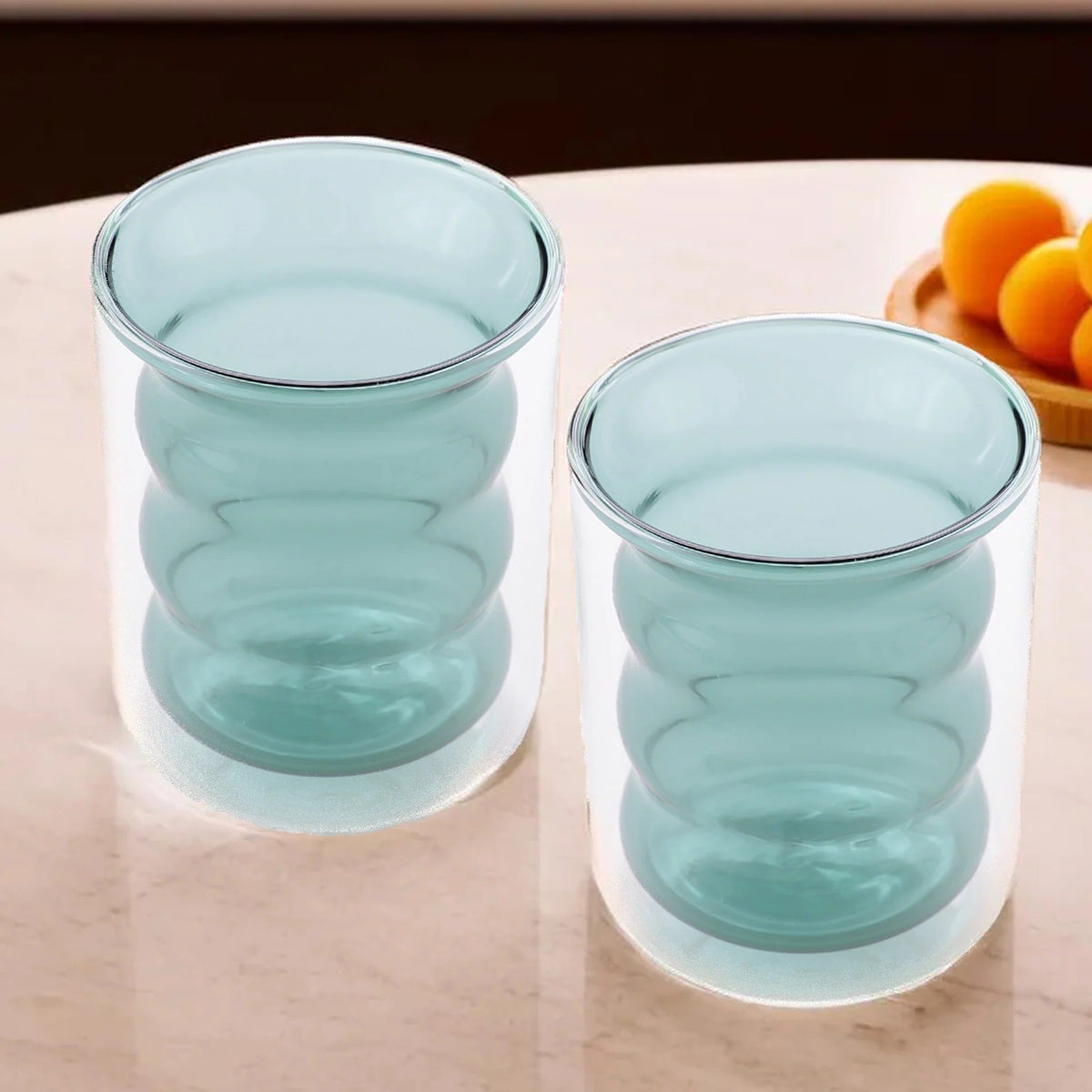 Double Wall Borosilicate Glass Coffee Mugs Set of 2 (200 ml), Curvy, Green