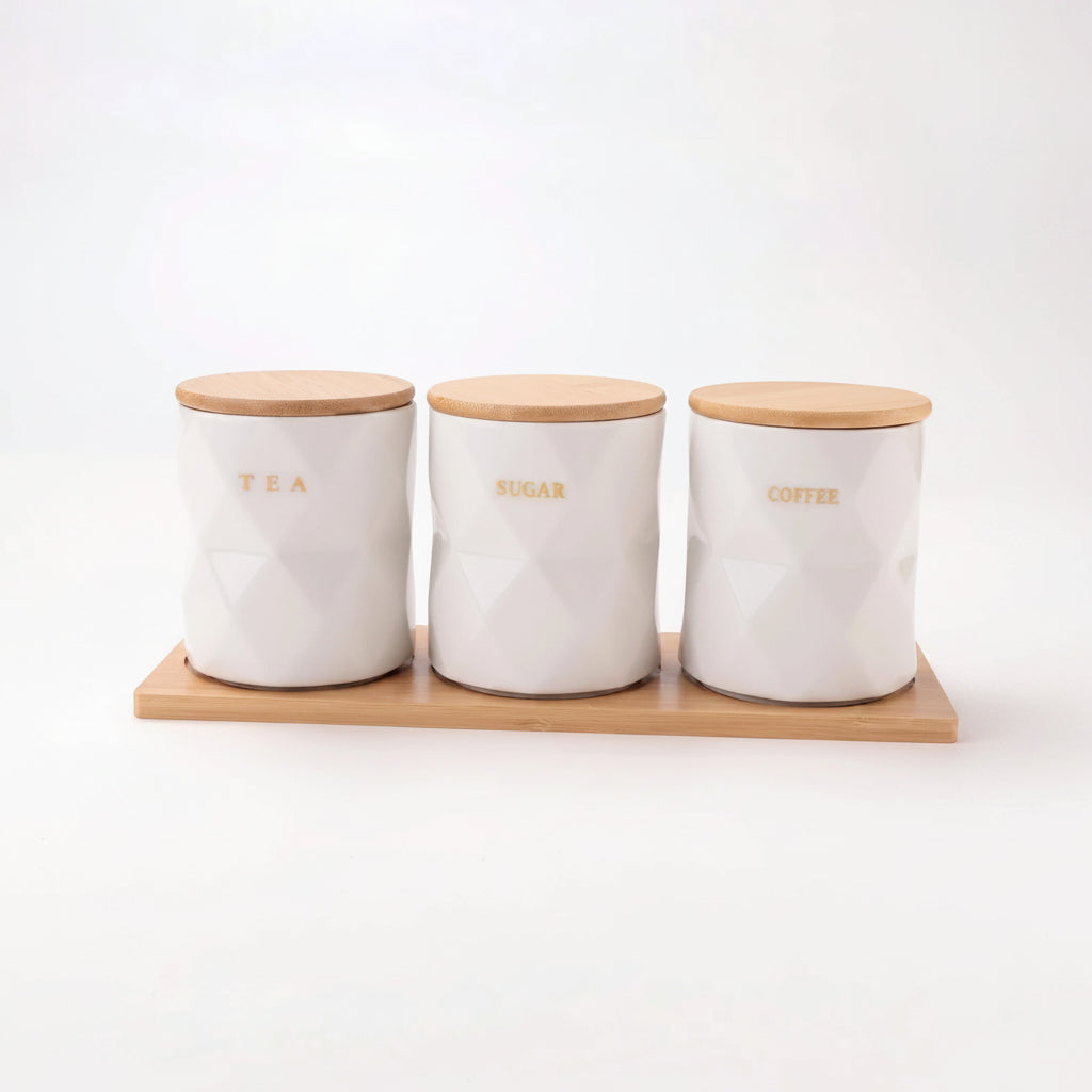 Ceramic Jars Set with Bamboo Lid and Tray, 3pcs 750 ml Each, White, Kitchen Storage