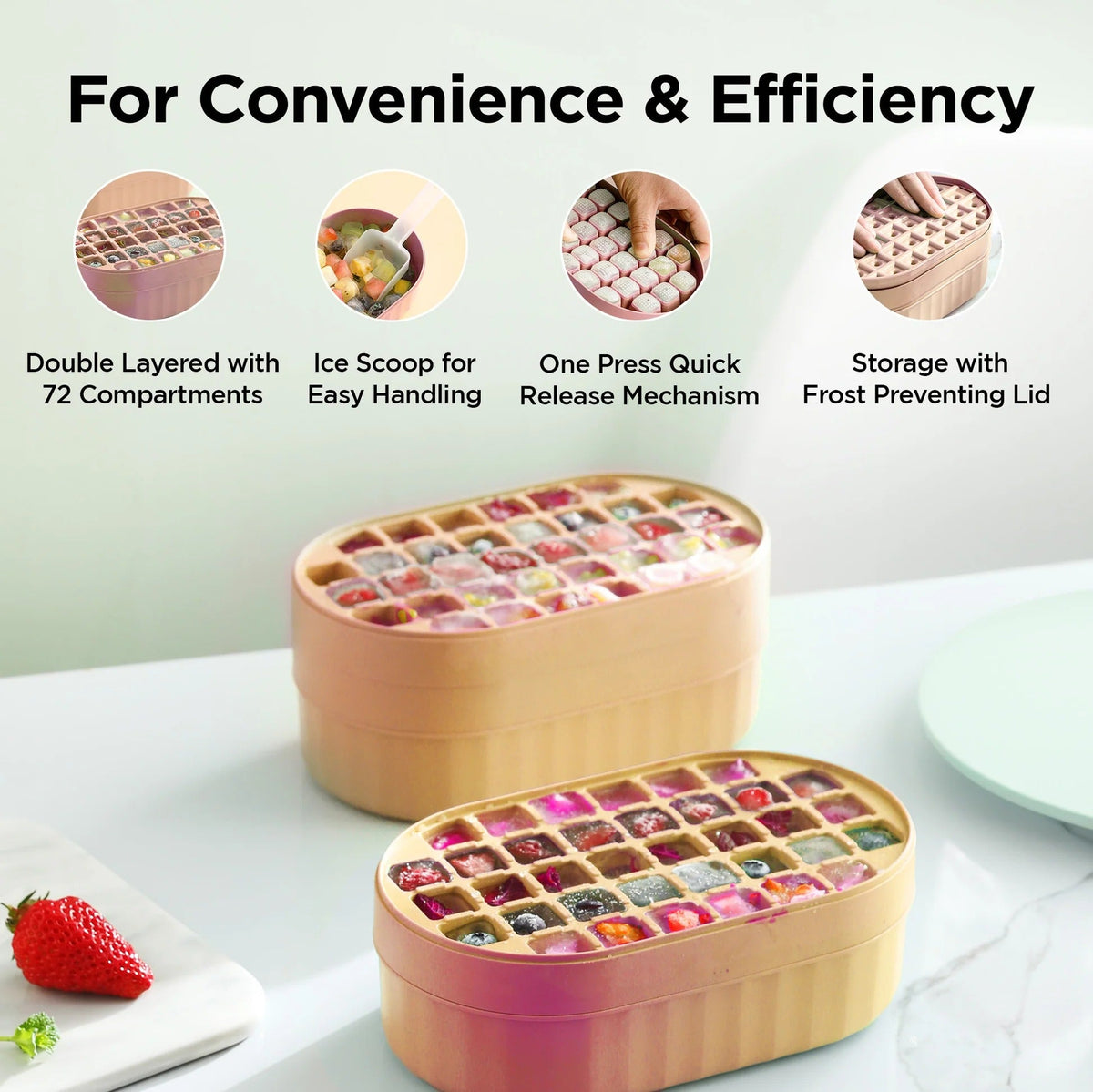 2 Layer Ice Cube Tray, 72 Compartments, Storage Box & Scoop, Yellow