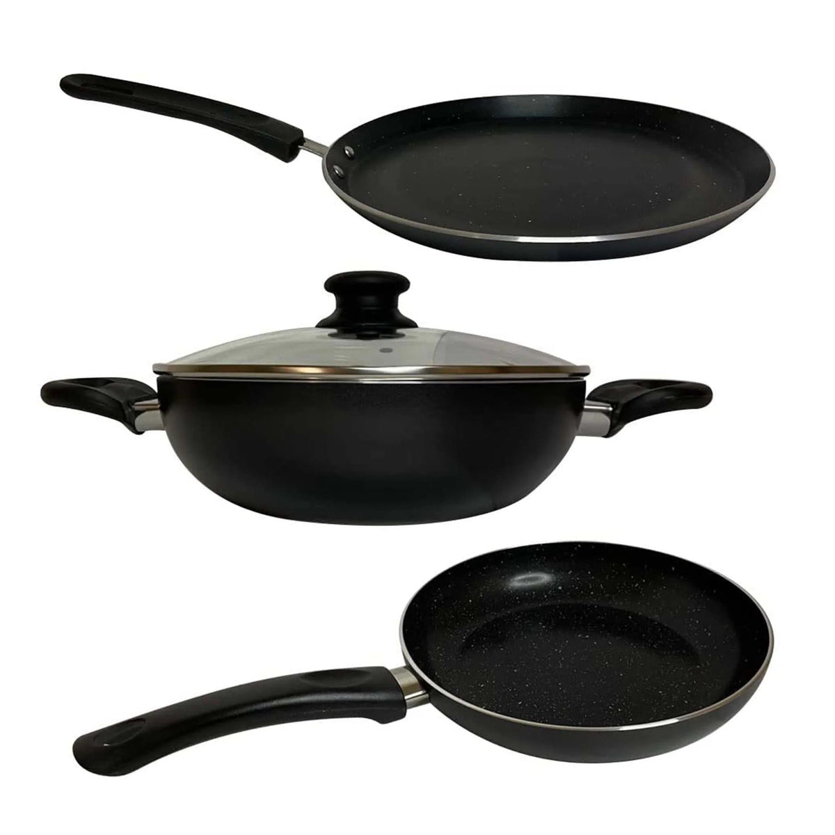 Non-Stick Cookware Set with Lid 3 Pieces Black Stove Induction
