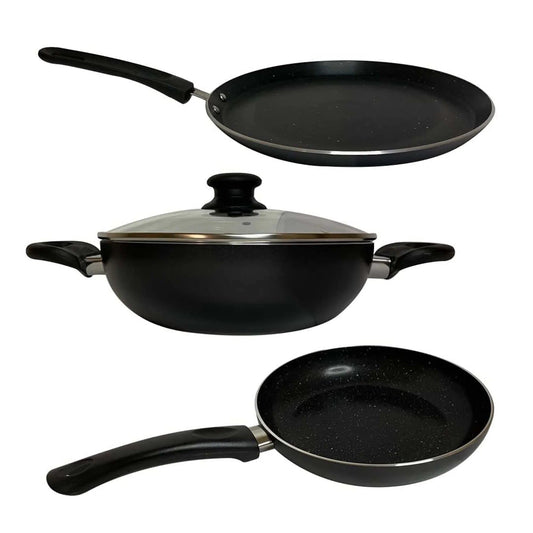 Non-Stick Cookware Set with Lid 3 Pieces Black Stove Induction