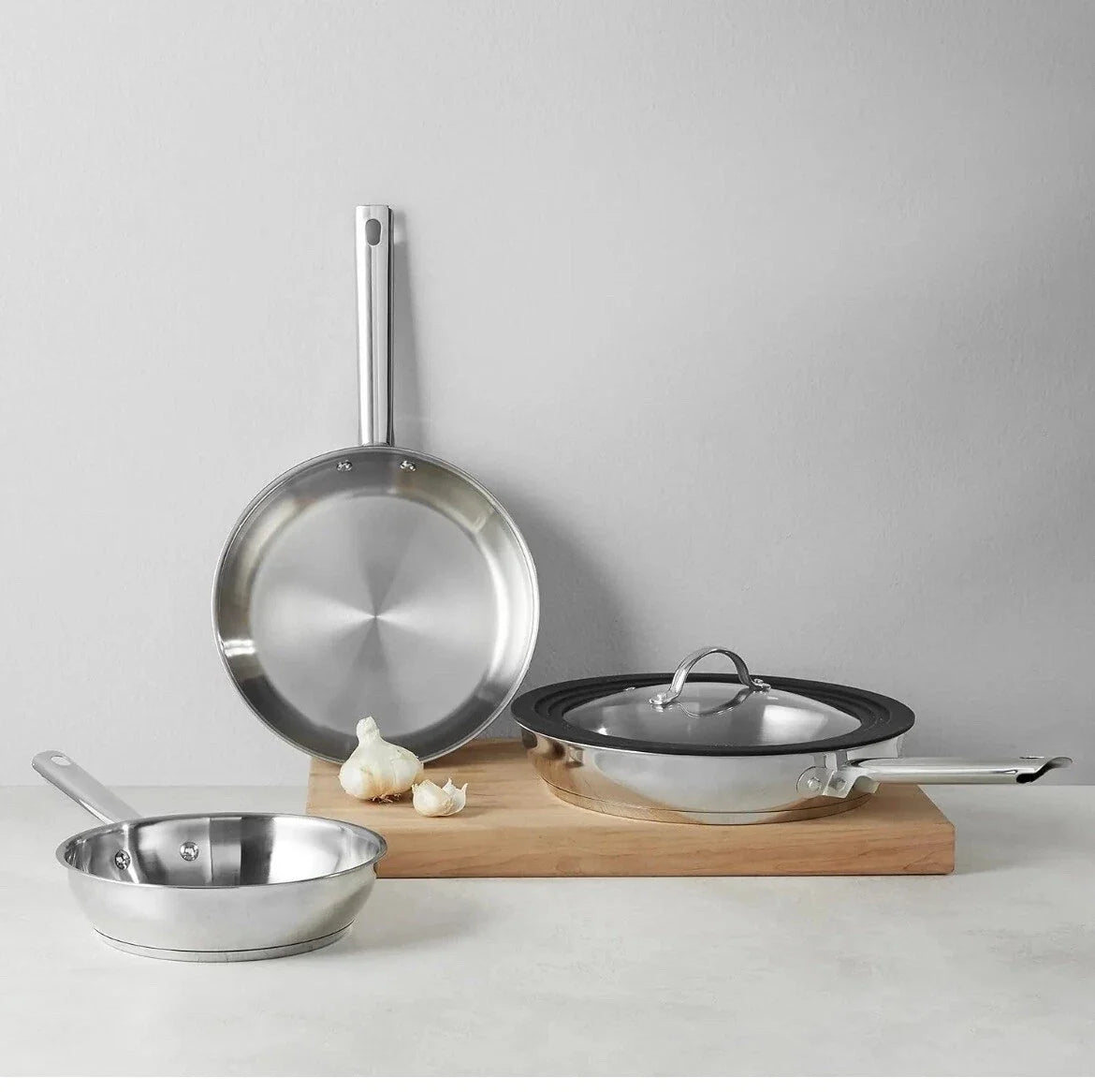Full Induction Stainless Steel 3pc Frying Pan Set with Universal Lid, 20/24/28cm