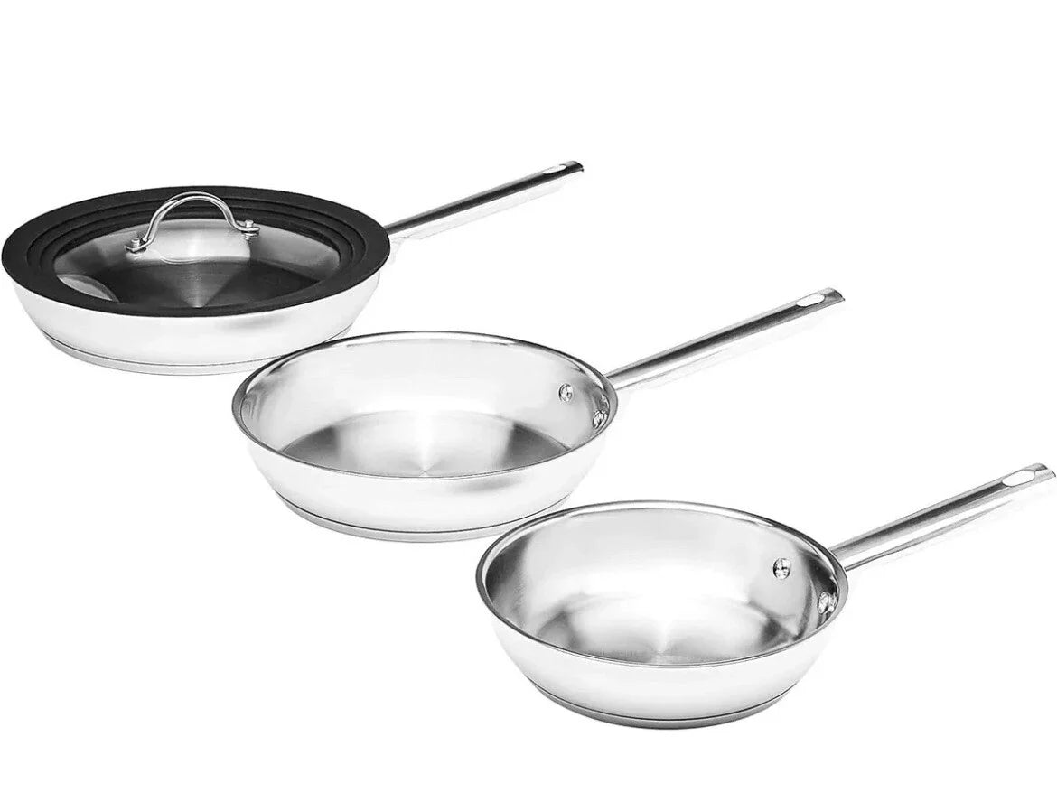 Full Induction Stainless Steel 3pc Frying Pan Set with Universal Lid, 20/24/28cm