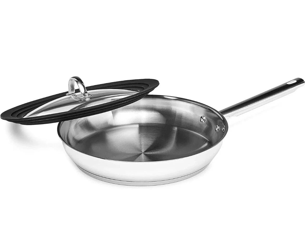 Full Induction Stainless Steel 3pc Frying Pan Set with Universal Lid, 20/24/28cm