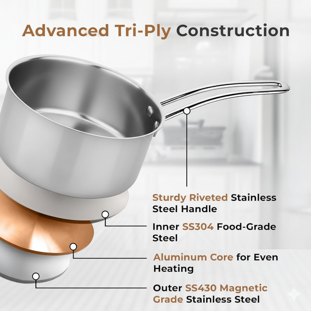 Tri-Ply Stainless Steel Sauce Pan With S.S Lid, Tri-Ply Milk/Tea Pan, Riveted Long Handle
