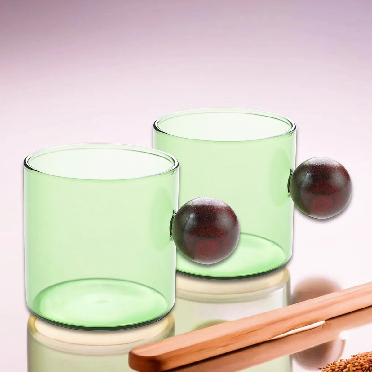 Pack of 2: Borosilicate Glass Coffee Mugs with Wooden Handle, 120 ml, Green