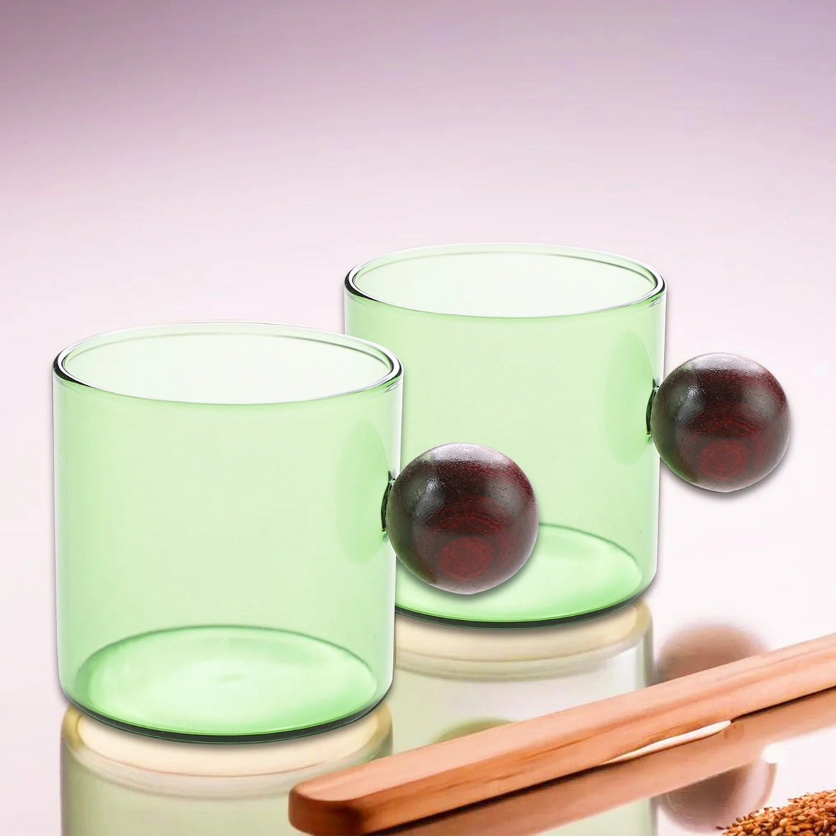 Pack of 2: Borosilicate Glass Coffee Mugs with Wooden Handle, 120 ml, Green