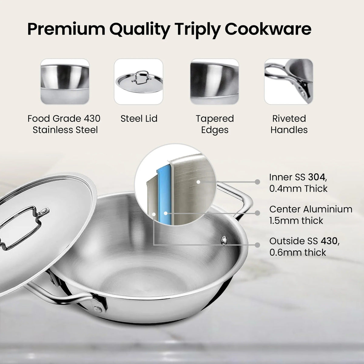 Triply Stainless Steel Sauce Pan with Lid 18 cm 2.2L Induction Easy Grip Handles