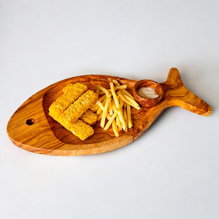 Olive Wood Fish Shaped Serving Board | Large Seafood & Tapas Platter 35-45cm