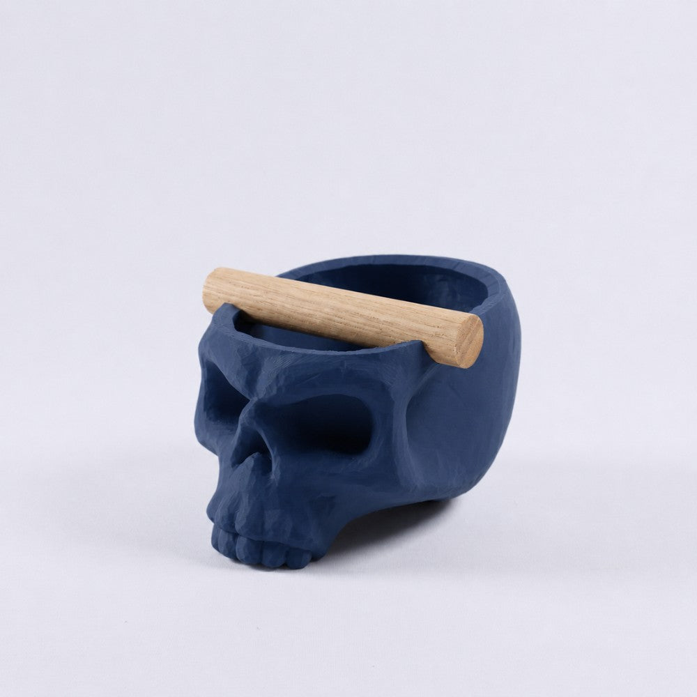 Gothic Skull Espresso Knock Box with Oak Bar Matte Dark Blue