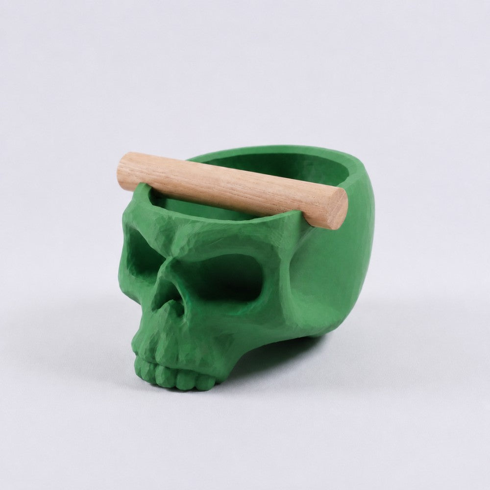 Gothic Skull Espresso Knock Box with Oak Bar Matte Grass Green