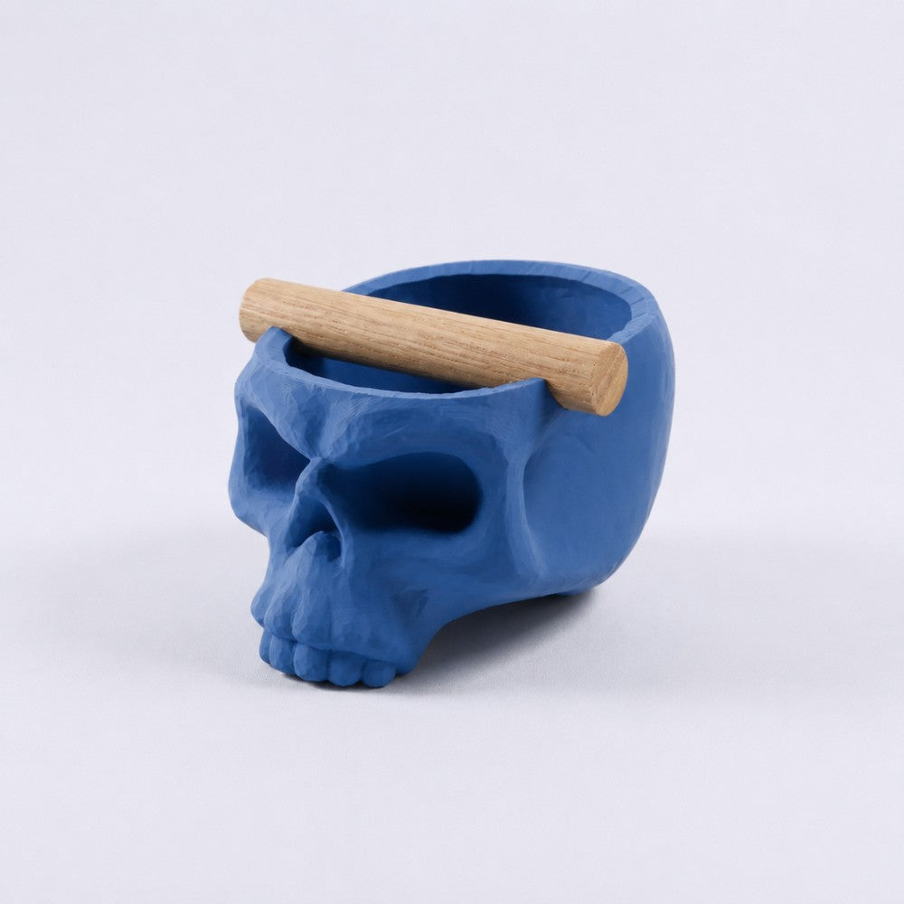 Gothic Skull Espresso Knock Box with Oak Bar Matte Marine Blue