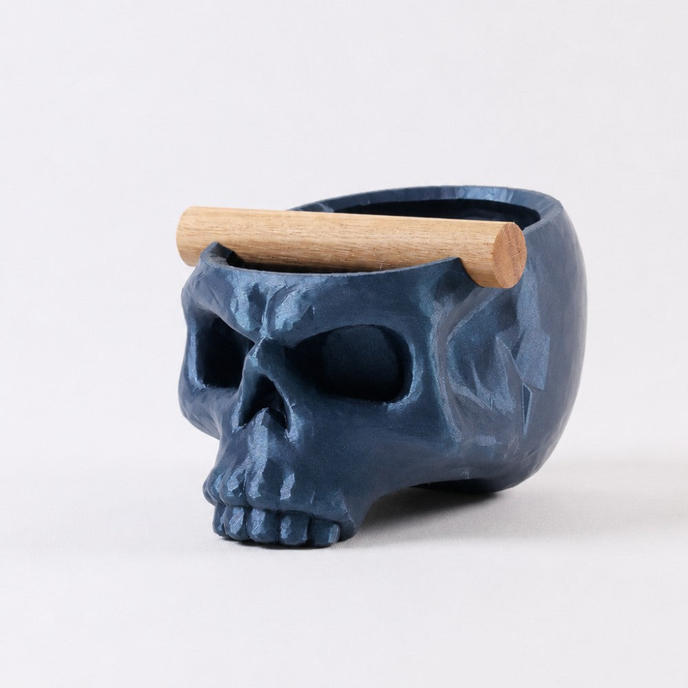 Gothic Skull Espresso Knock Box with Oak Bar Metallic Blue