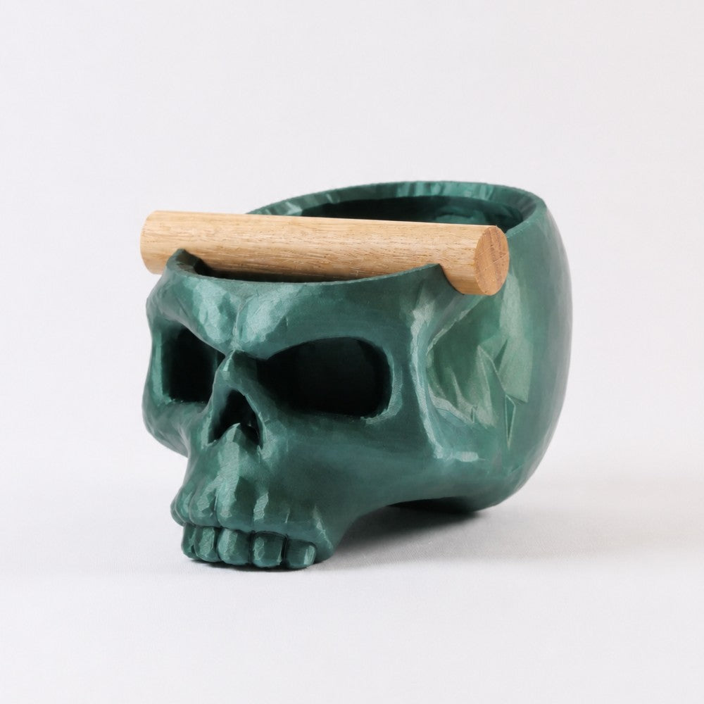Gothic Skull Espresso Knock Box with Oak Bar Metallic Green