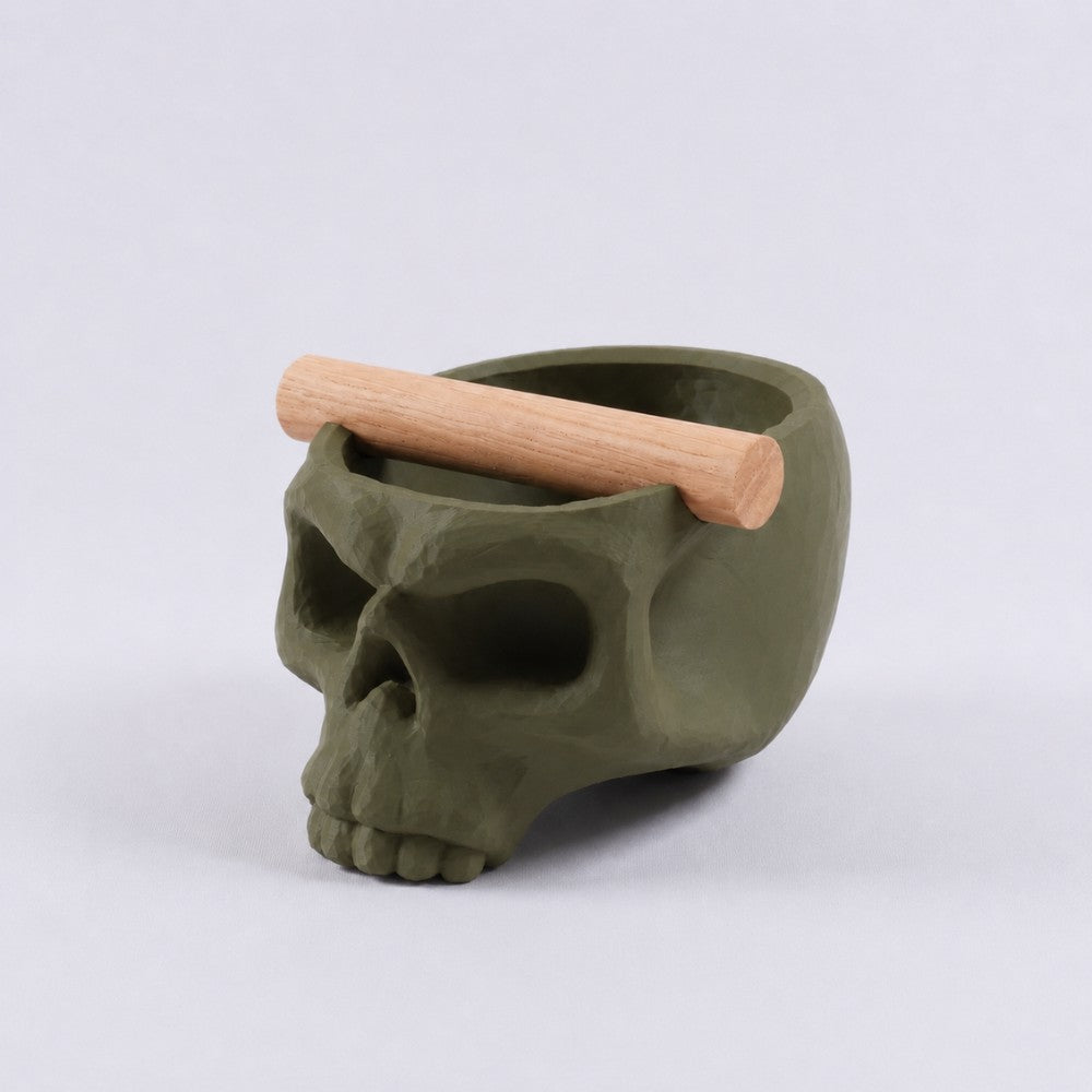 Gothic Skull Espresso Knock Box with Oak Bar Matte Olive Green