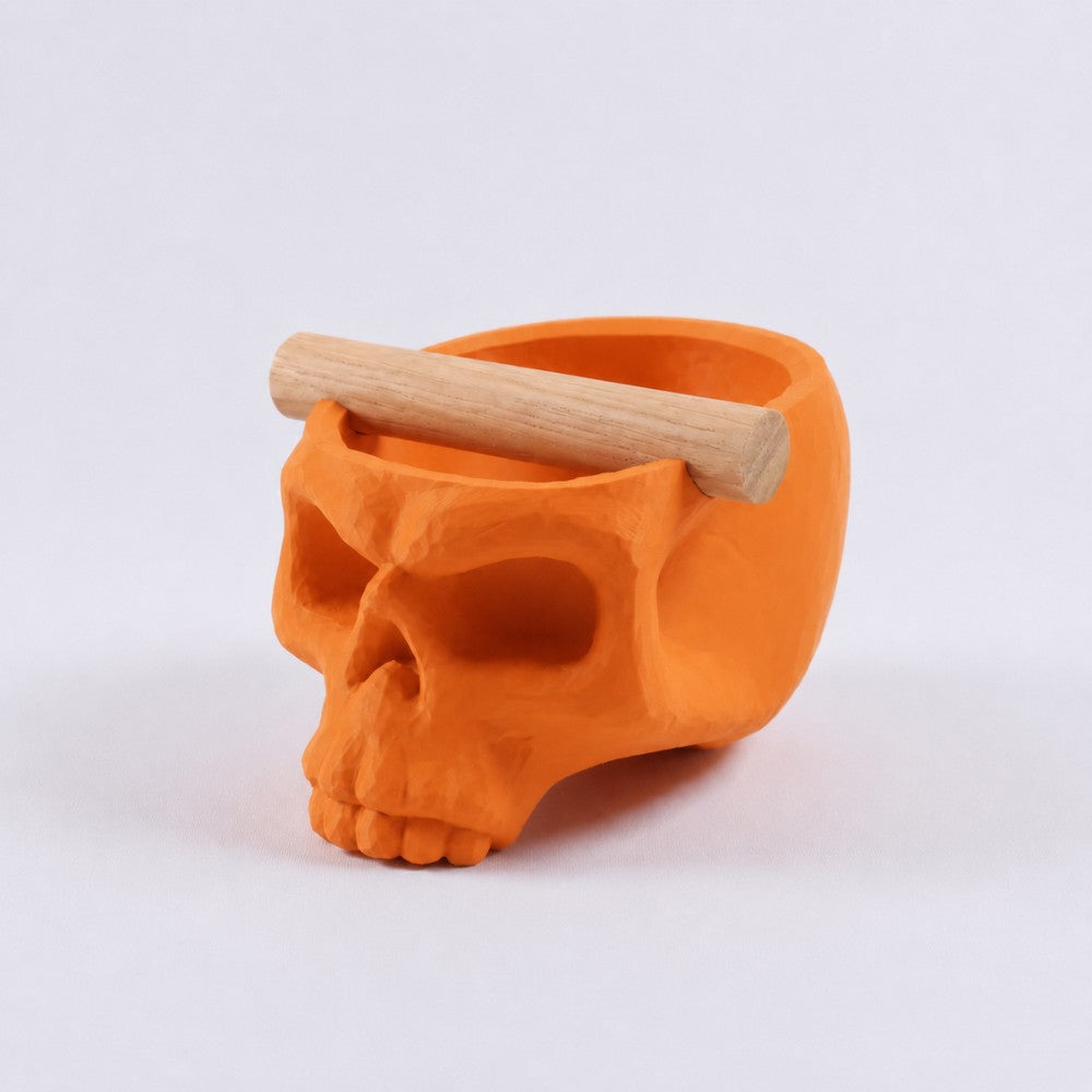 Gothic Skull Espresso Knock Box with Oak Bar Matte Mandarin Orange