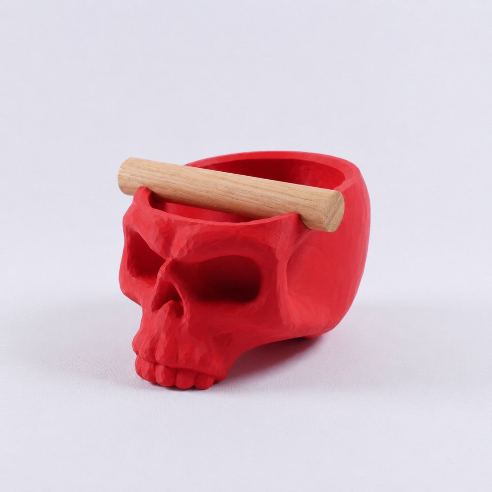 Gothic Skull Espresso Knock Box with Oak Bar Matte Scarlet Red