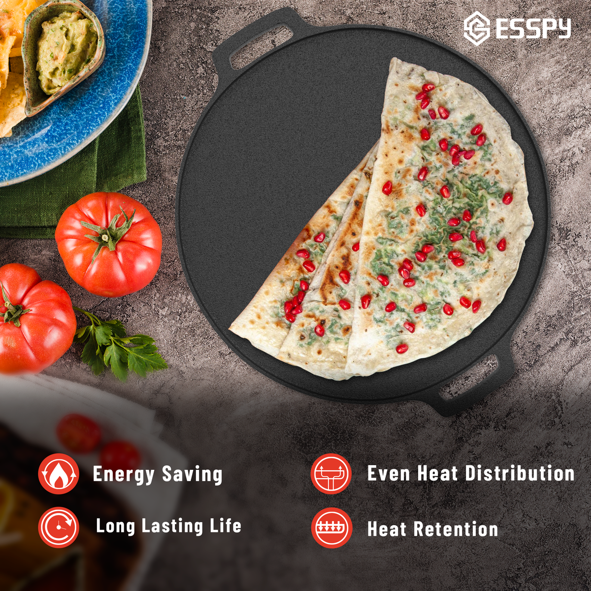 Esspy 12 inch/30 cm Cast Iron Tawa for Dosa, Tawa for Dosa, Uthappam, Roti, Chapati, Naan, Gas-Induction Friendly, Dosa