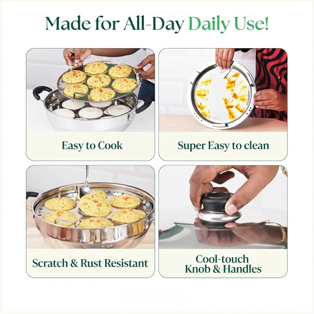 Stainless Steel Idli Maker/Momo Maker/Multi Kadai/Steamer Set, Large, 5 Plates, 2 Idli, 2 Dhokla