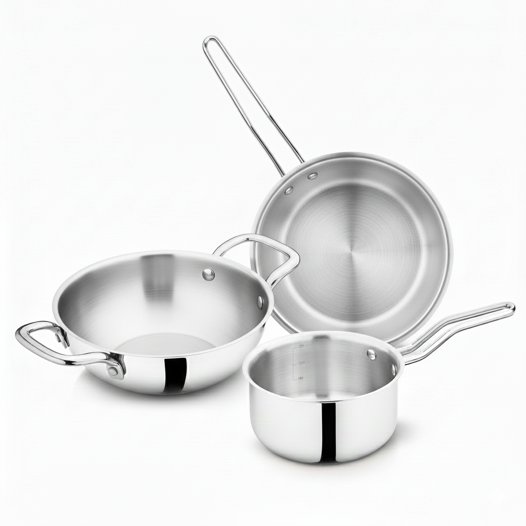 Tri-Ply Stainless Steel Cookware Set, Kadai + Frypan + Tea/Milk/Sauce pan, Premium Quality, Non-stick 3.3L Kadai + 2.3L Frypan + 1.8L Saucepan