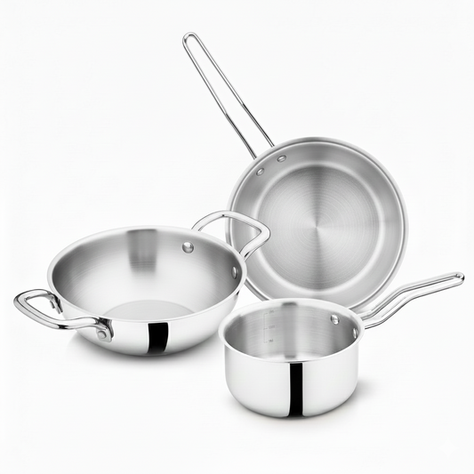 Tri-Ply Stainless Steel Cookware Set, Kadai + Frypan + Tea/Milk/Sauce pan, Premium Quality, Non-stick 3.3L Kadai + 2.3L Frypan + 1.8L Saucepan