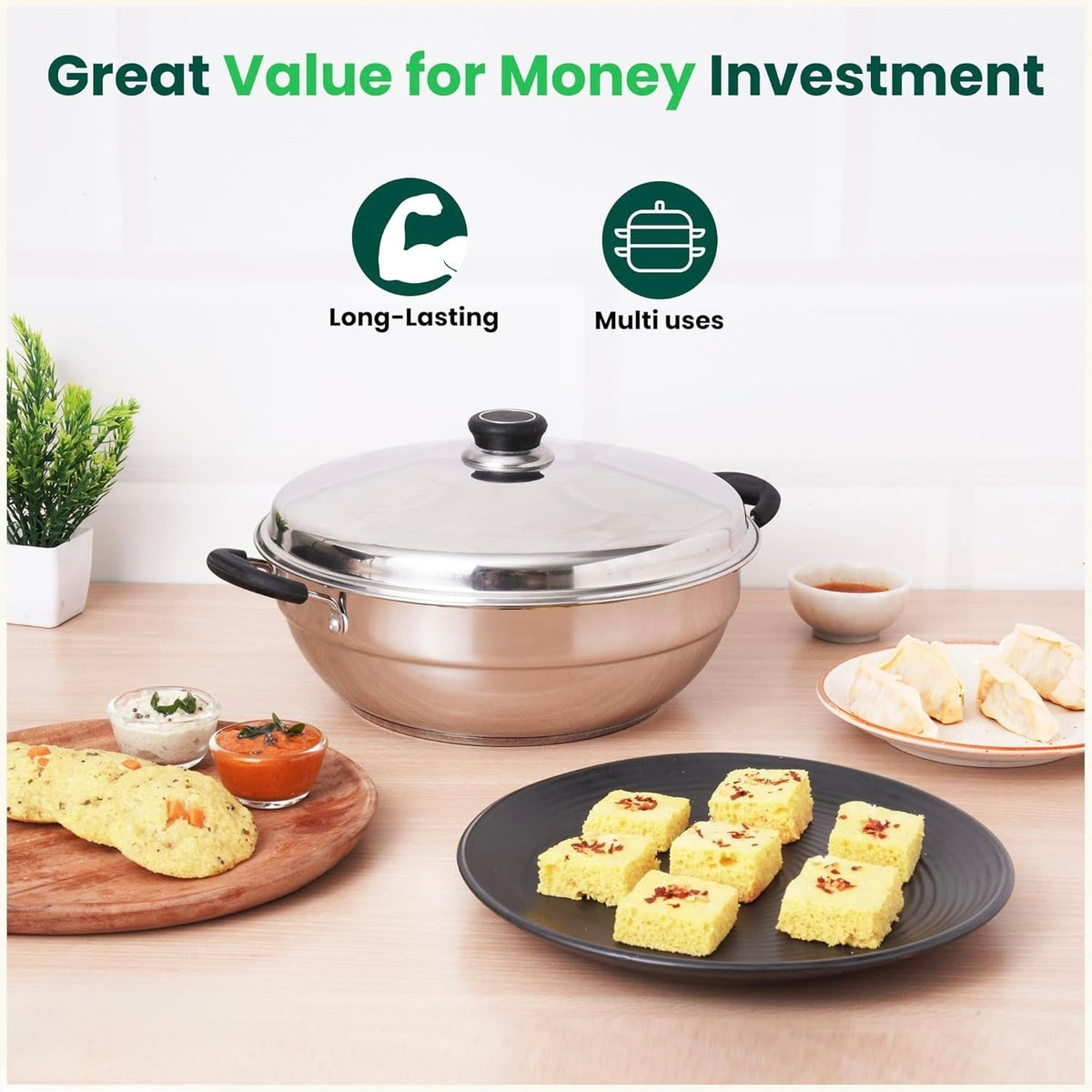 Stainless Steel Idli Maker/Momo Maker/Multi Kadai/Steamer Set, Large, 5 Plates, 2 Idli, 2 Dhokla