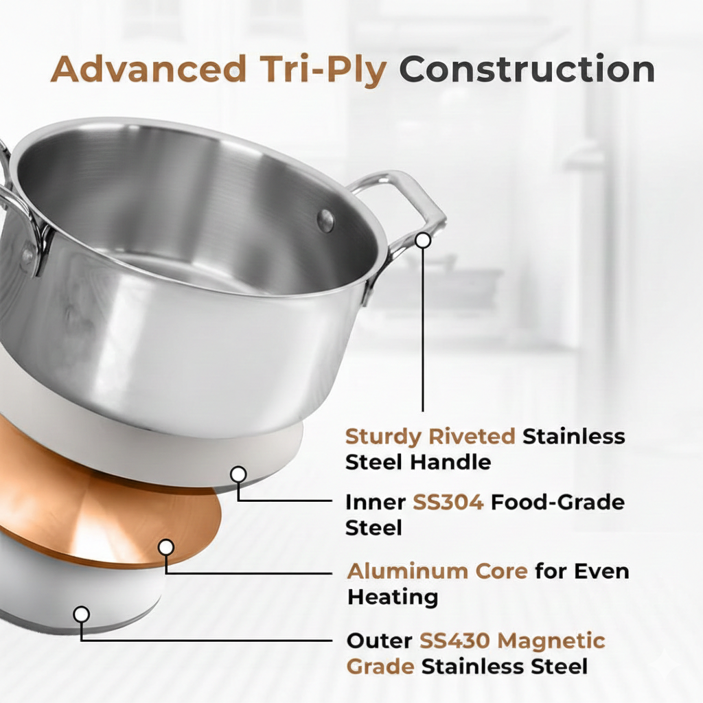 Triply Stainless Steel Casserole/Biryani Pot/Stock Pot, Non Stick, Triply Biryani Pot