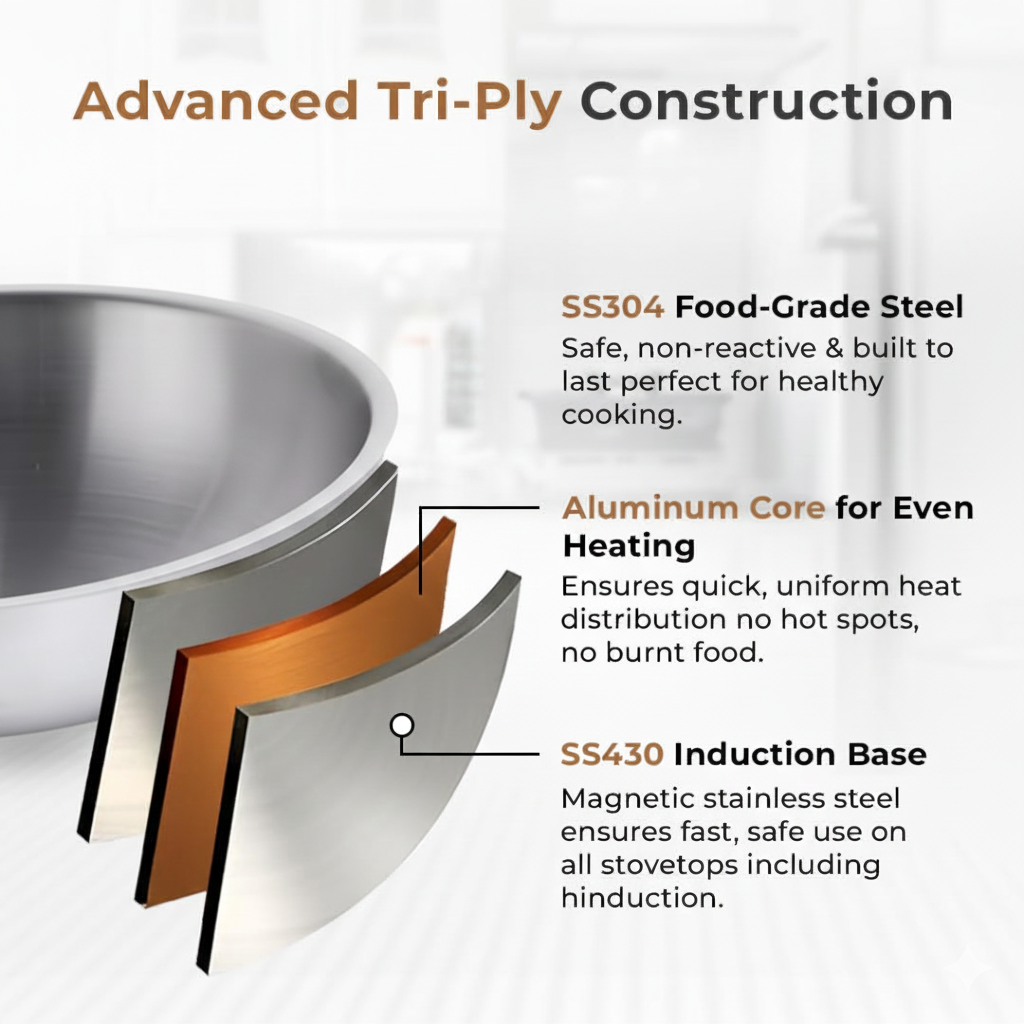 Tri-ply Stainless Steel Tasra/Taslas, Even Heat Distribution, Less Oil Cooking, Premium Quality