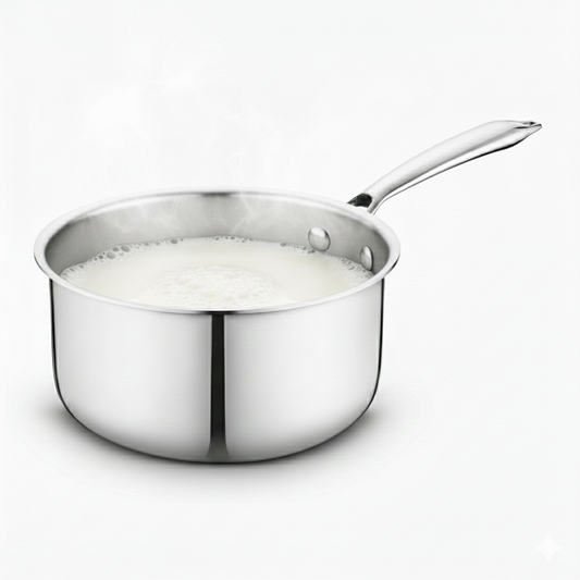 Tri-Ply Stainless Steel Sauce Pan, Tri-Ply Milk/Tea Pan, Riveted Long Handle, Food Safe & PFOA Free - Design 2