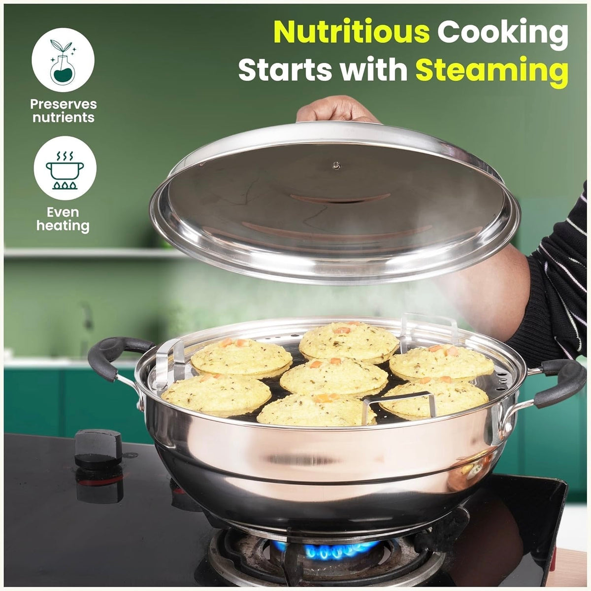 Stainless Steel Idli Maker/Momo Maker/Multi Kadai/Steamer Set, Large, 5 Plates, 2 Idli, 2 Dhokla