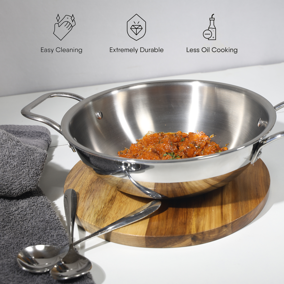 Triply Stainless Steel Kadai for Cooking with Lid