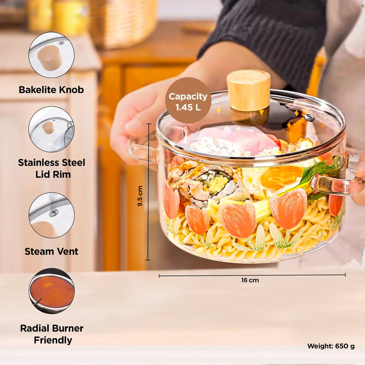Borosilicate Glass Saucepan 1.45L with Lid Handle Gas Stove Microwave Safe Red Green