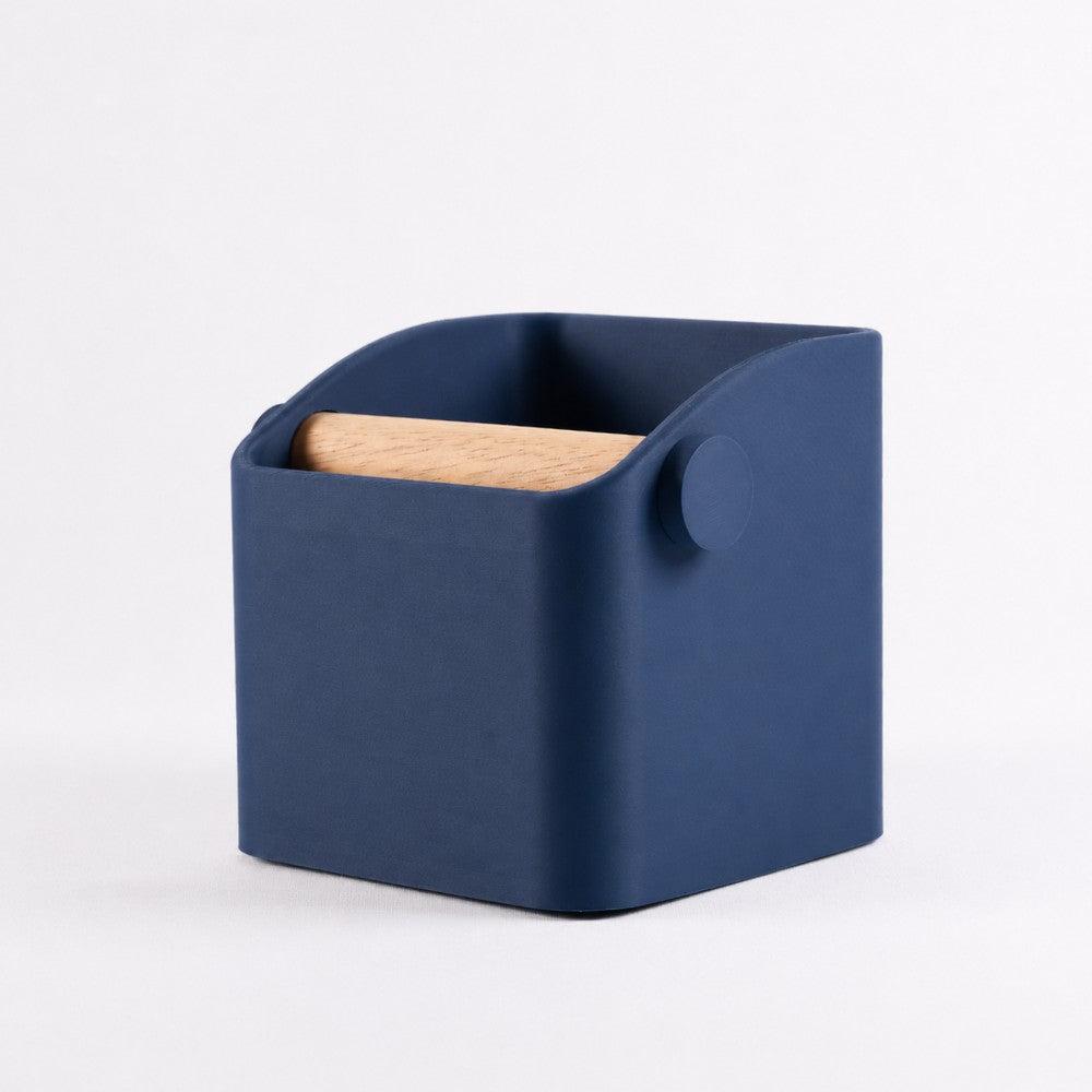 Square Espresso Knock Box with Oak Knock Bar Matte Dark Blue