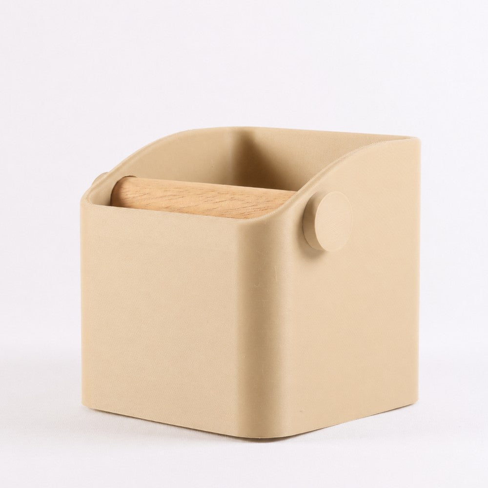 Square Espresso Knock Box with Oak Knock Bar Matte Desert Tan
