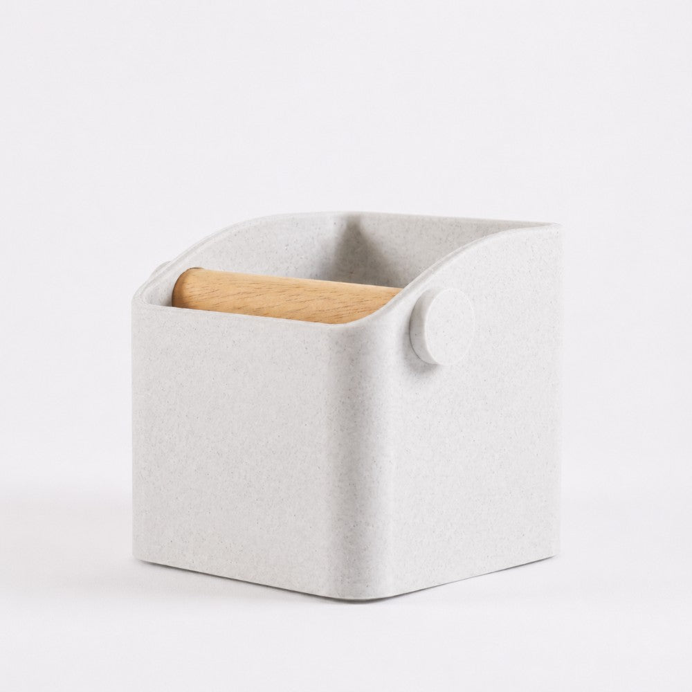 Square Espresso Knock Box with Oak Knock Bar Marble White