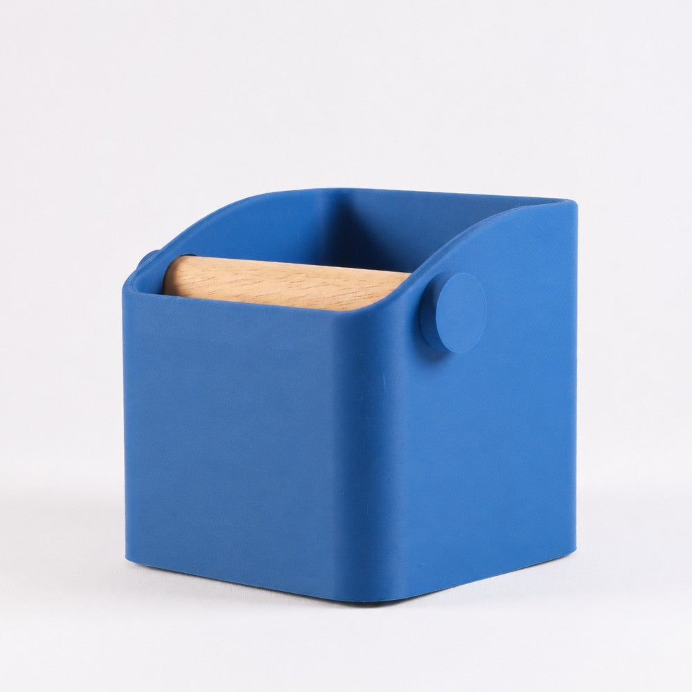 Square Espresso Knock Box with Oak Knock Bar Matte Marine Blue