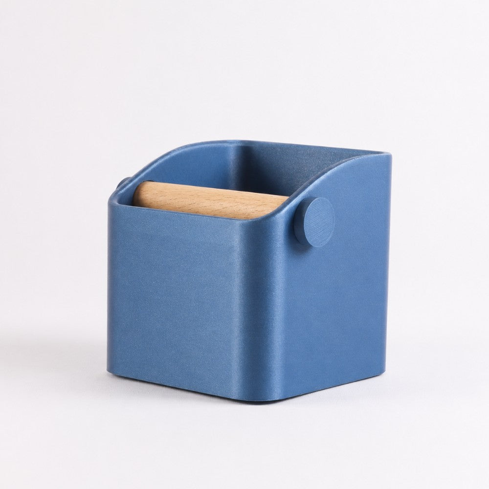 Square Espresso Knock Box with Oak Knock Bar Metallic Blue