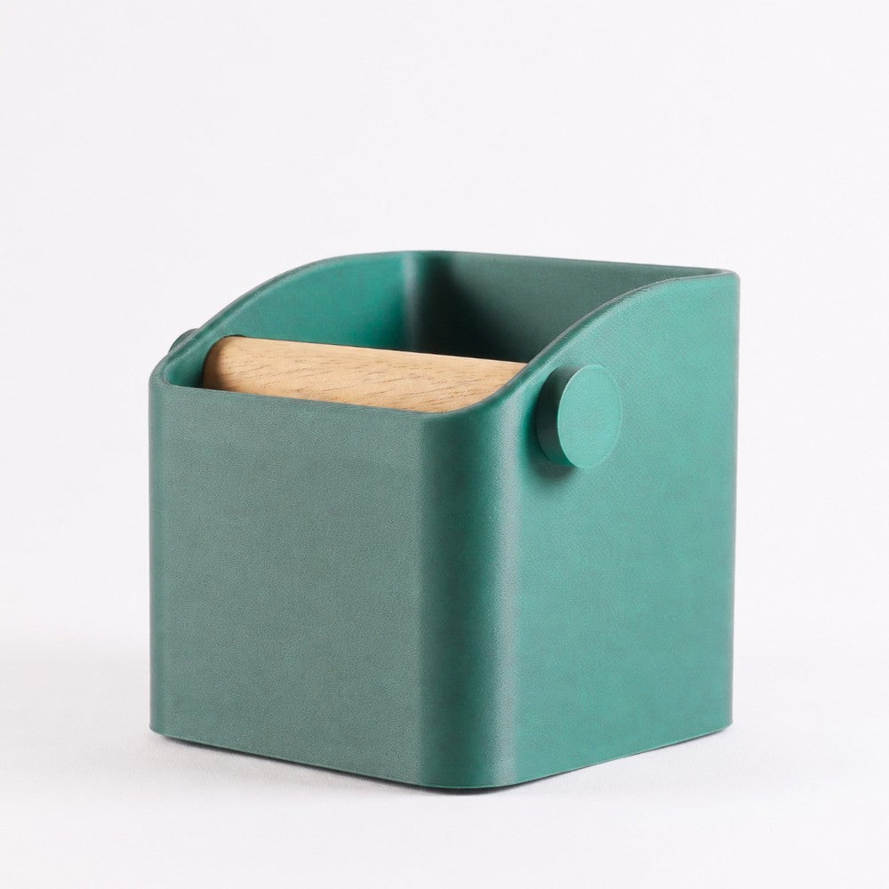 Square Espresso Knock Box with Oak Knock Bar Metallic Green