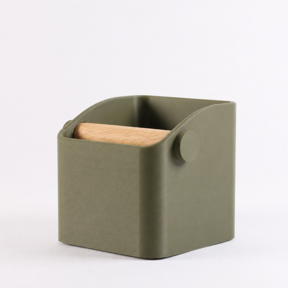 Square Espresso Knock Box with Oak Knock Bar Matte Olive Green