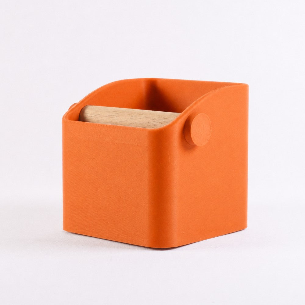 Square Espresso Knock Box with Oak Knock Bar Matte Mandarin Orange