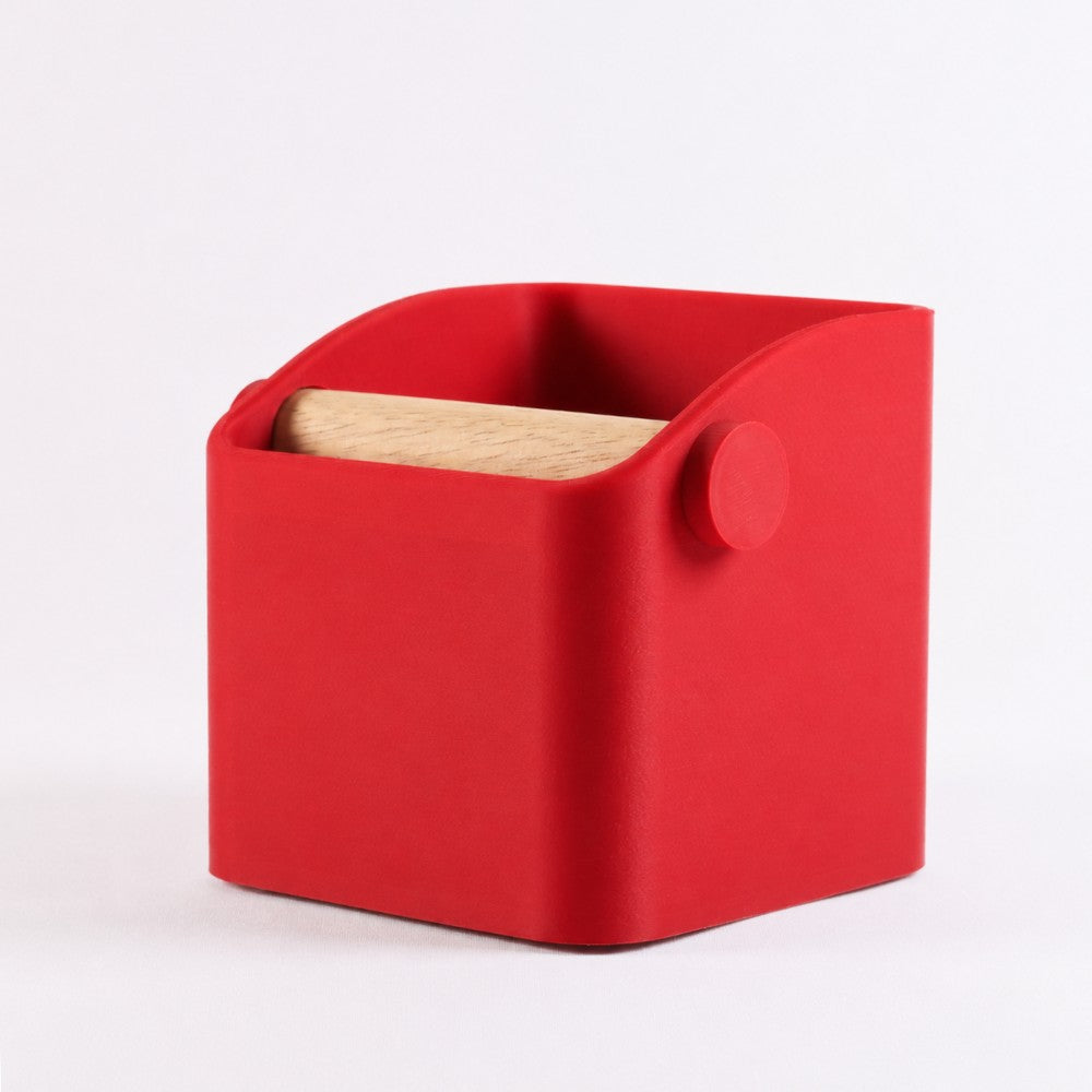 Square Espresso Knock Box with Oak Knock Bar Matte Scarlet Red