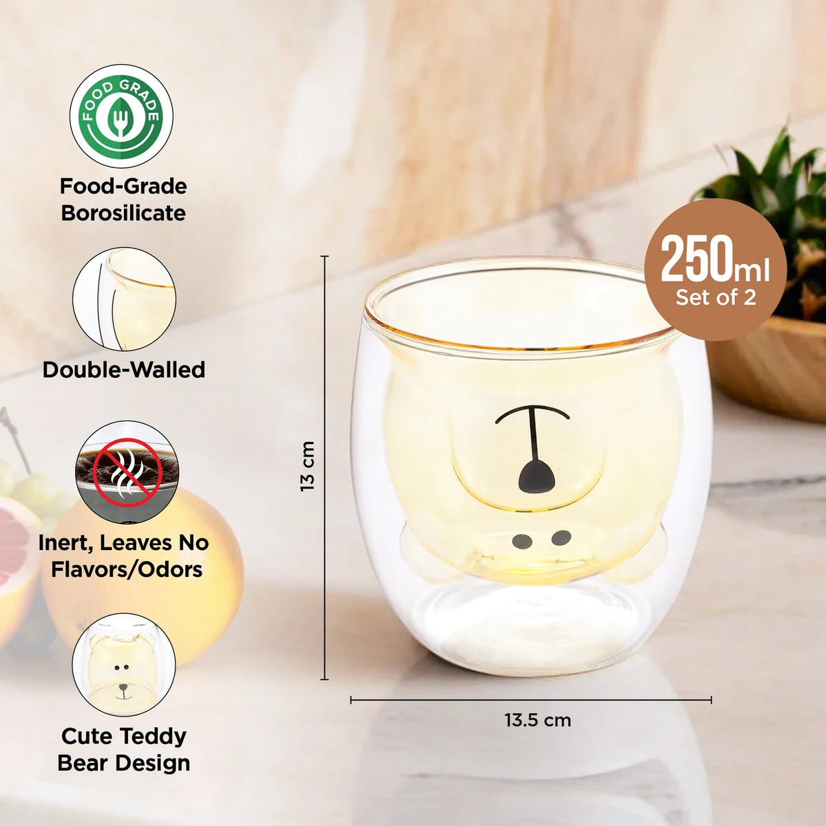 Cute Teddy Bear Double Walled Borosilicate Glass Mug Set of 2 (250 ml), Yellow