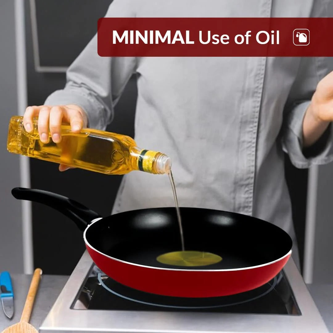 Non-Stick Frying Pan 26 cm 3-Layer Coating Easy Grip Handle Minimal Oil Red