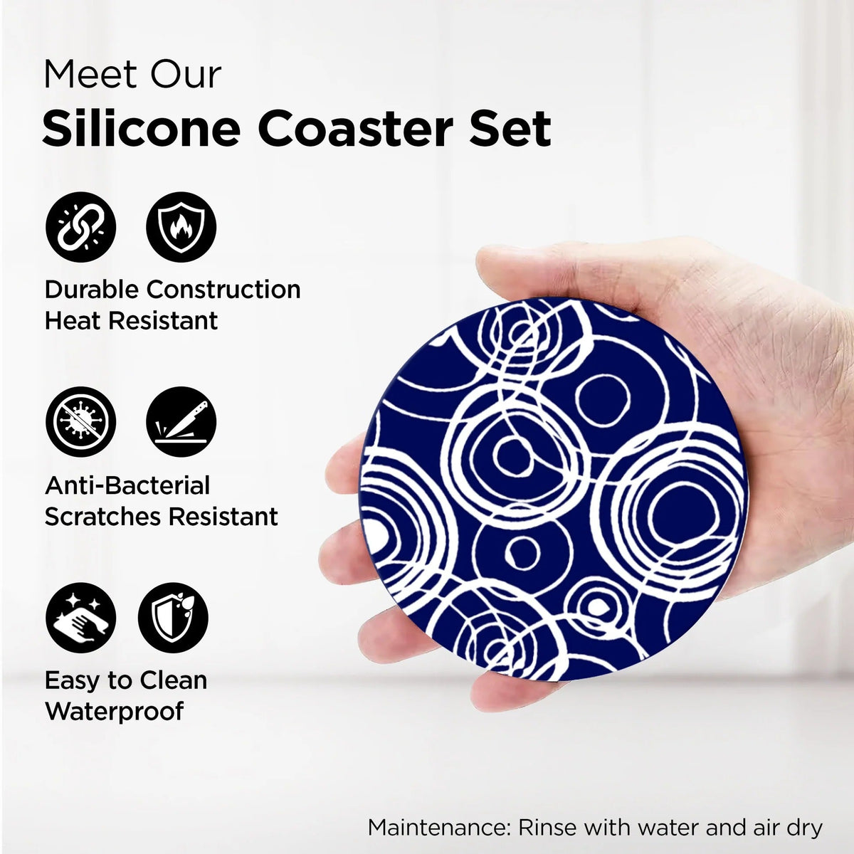 Silicone Coaster Set of 6 10 cm with Plastic Holder Dining Table Navy White Unique Design