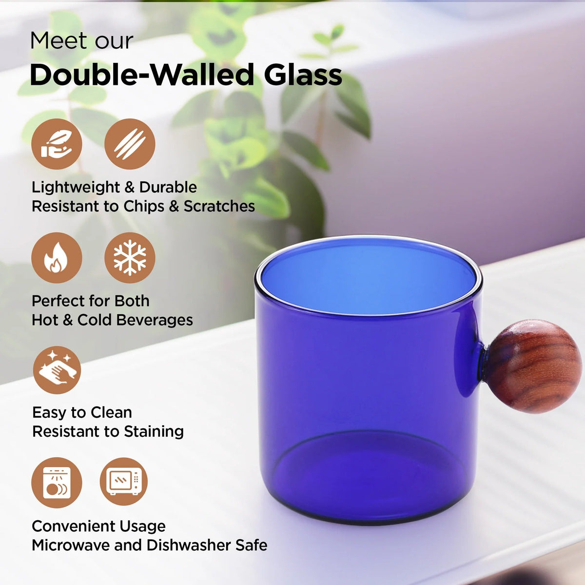 Pack of 2: Borosilicate Glass Coffee Mugs with Wooden Handle, 120 ml, Blue