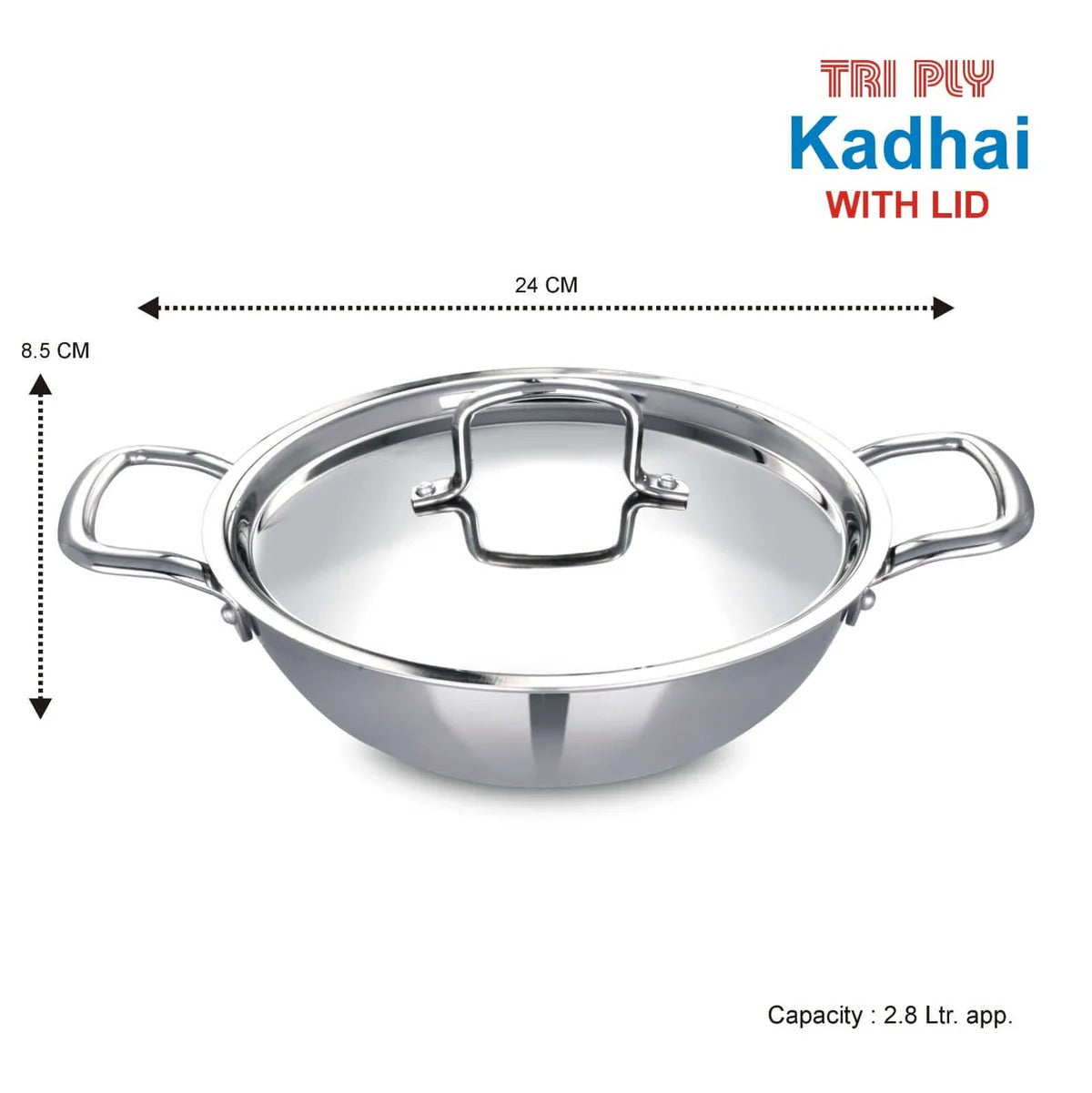 Tri-Ply Stainless Steel Kadai with SS Lid 24 cm 2.8L Induction Gas Durable Deep Frying