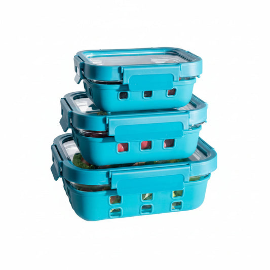 Glass Food Containers Set of 3, Blue Silicone Sleeves, Lock Lids, 370 ml 640 ml 1050 ml, Microwave Safe