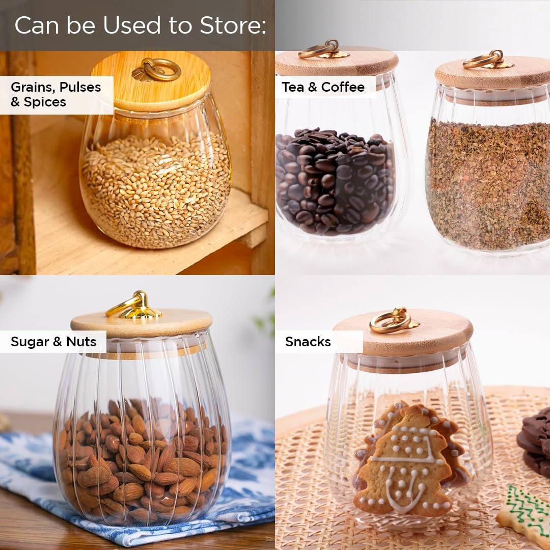 Borosilicate Glass Jar with Bamboo Lid, Set of 2, 635 ml, Airtight, Transparent