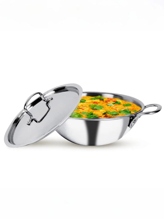 Triply Stainless Steel Kadai with Lid 24 cm 2.6L Stove Induction Heat Surround